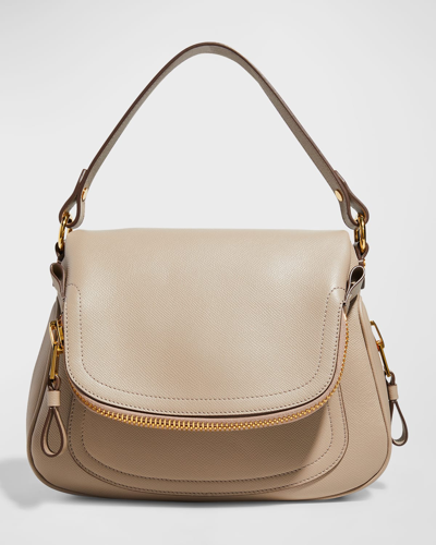 Shop Tom Ford Jennifer Medium Grained Leather Shoulder Bag In Silk Taupe