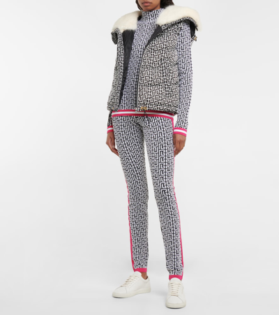 Balmain Monogram Mock-neck Strong-shoulder Sweater In Noir/blanc/fuchsia