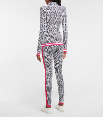 Balmain Monogram Mock-neck Strong-shoulder Sweater In Noir/blanc/fuchsia