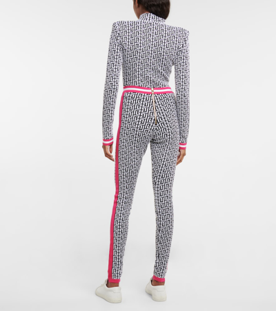Balmain Side-stripe Monogram Knit Leggings In Noir/blanc/fuchsia