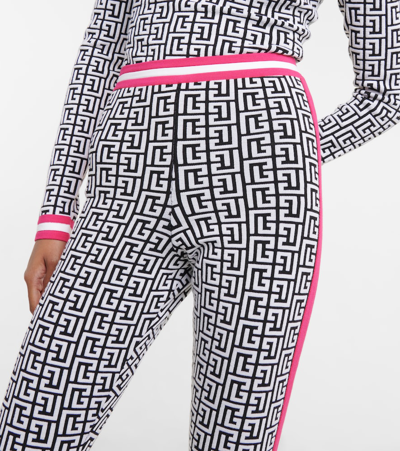 Balmain Side-stripe Monogram Knit Leggings In Noir/blanc/fuchsia