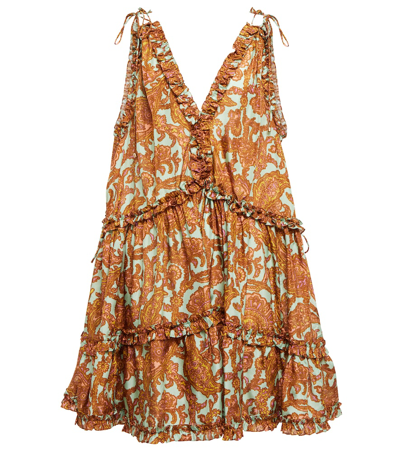 Shop Zimmermann Tiggy Drawcord Printed Silk Minidress In Peach/mint Paisley (tiggy)