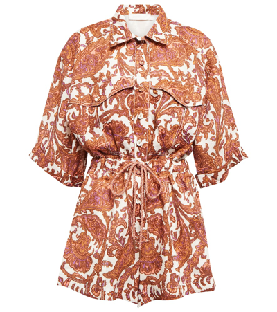 Shop Zimmermann Tiggy Utility Linen Playsuit In Coral Paisley