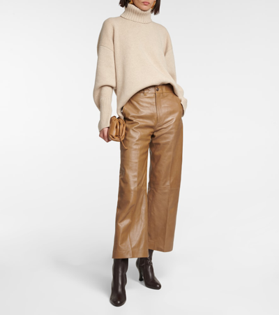 Polo Ralph Lauren High-rise Wide-leg Leather Pants In Capetown Beige