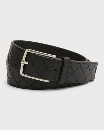 Shop Bottega Veneta Men's Cintura Intrecciato Leather Belt In Black Silver