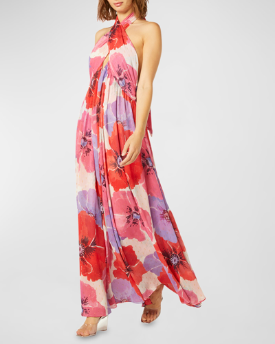 Shop Misa Alexandra Crossover Halter Open-back Maxi Dress In Poppy Love