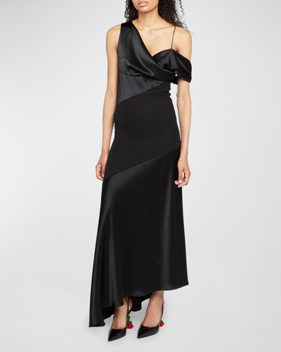 Shop Loewe One-shoulder Draped Satin Maxi Dress In Black