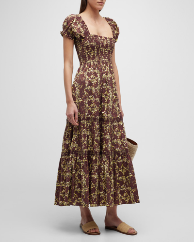 Shop Tory Burch Puff-sleeve Smocked-bodice Tiered Midi Dress In Rayure Fleurie Sh