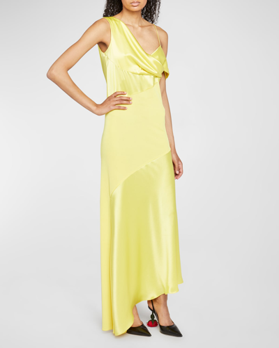 Shop Loewe One-shoulder Draped Satin Maxi Dress In Yellow