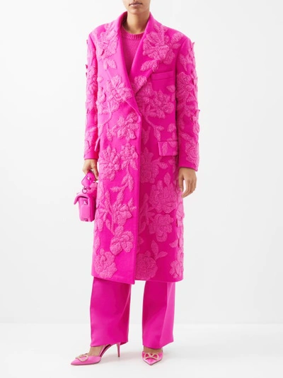 Valentino Oblique-front Floral-appliqué Wool-blend Overcoat In Pink