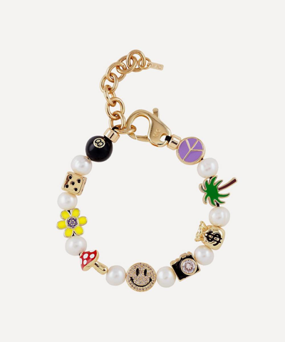 Shop Martha Calvo 14ct Gold-plated Famous Enamel Charms And Pearl Bracelet In Multi
