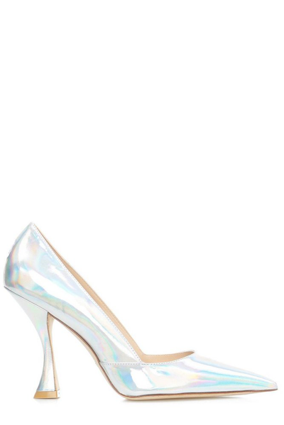 Shop Stuart Weitzman X Curve Pointed Toe Pumps In Silver