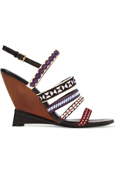 Tory Burch Embroidered Leather Wedge Sandals