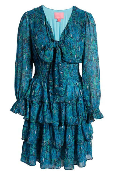 Shop Lilly Pulitzer Laralynn Metallic Printed Tiered Long Sleeve Dress In Low Tide N