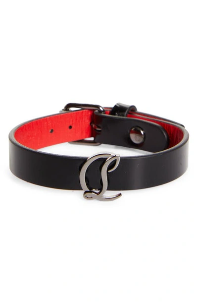 Shop Christian Louboutin Cl Logo Leather Bracelet In Black/ Gun Metal
