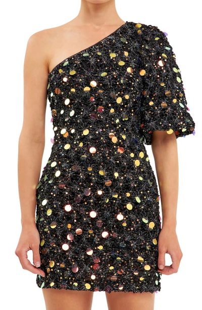 Endless Rose One-shoulder Puff-sleeve Sequin Mini Dress In Black