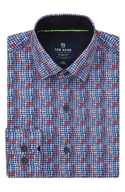 Shop Tom Baine Slim Fit Print Long Sleeve Button-up Dress Shirt In Blue