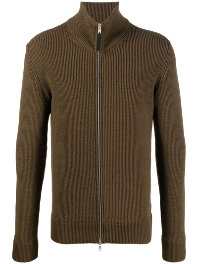 Shop Maison Margiela Ribbed-knit Zip-up Sweater In Green