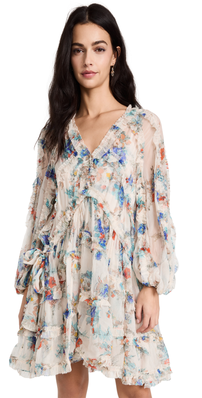 Shop Zimmermann Clover Frill Billow Mini Dress Topaz Peony Floral