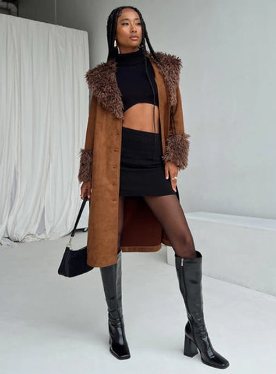 Princess Polly After Party Faux Suede Long Coat With Faux Shearling Trim In Brown