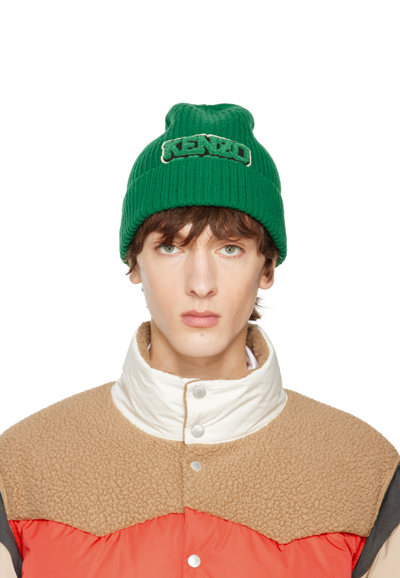 Shop Kenzo Green College Patch Beanie In 57 - Grass Green