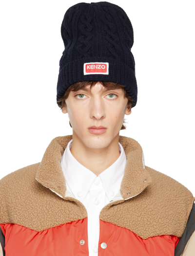 Shop Kenzo Navy Cable Knit Beanie In 77 - Midnight Blue
