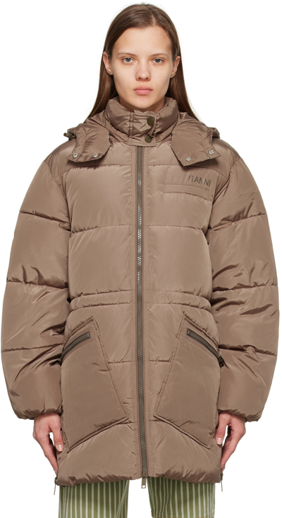 Shop Ganni Brown Oversized Puffer Jacket In 189 Fossil