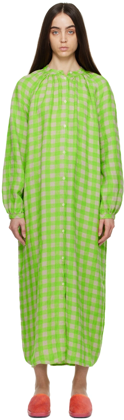 Shop Henrik Vibskov Green Leaf Maxi Dress In Spring Green Checks