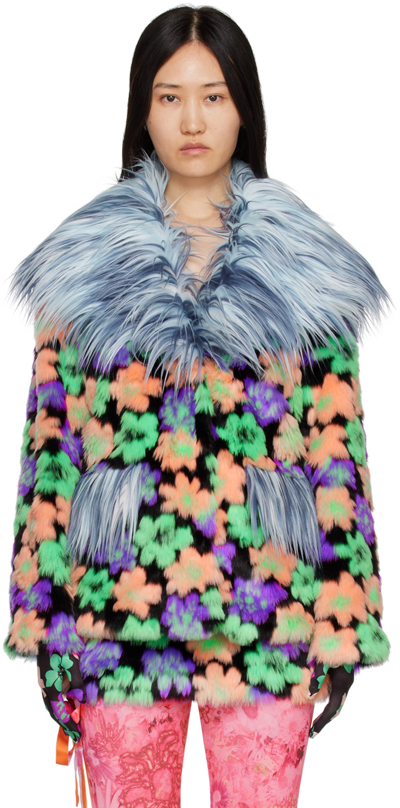 Shop Shuting Qiu Blue Floral Faux-fur Jacket In Multi
