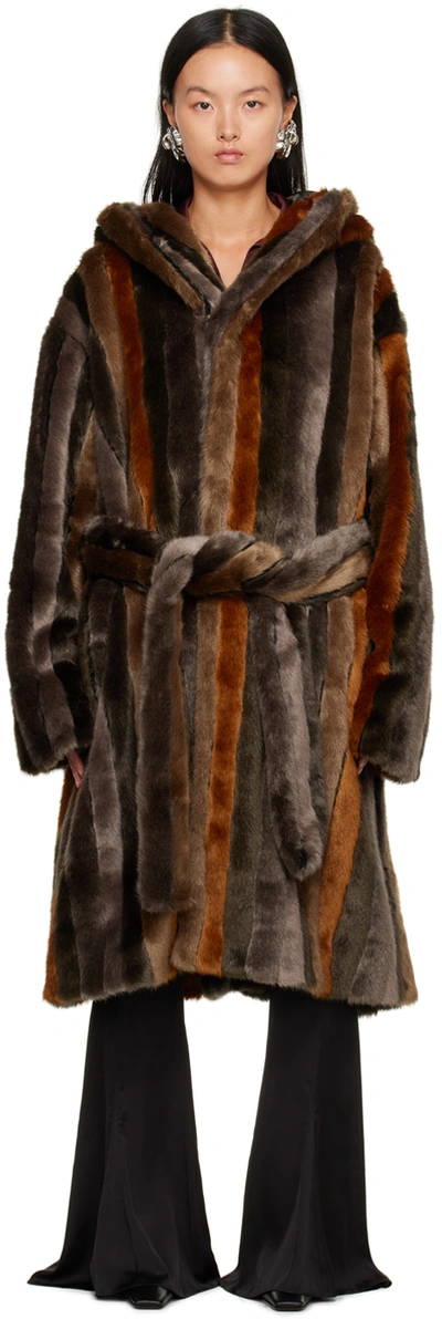 Shop Acne Studios Brown Striped Faux-fur Coat