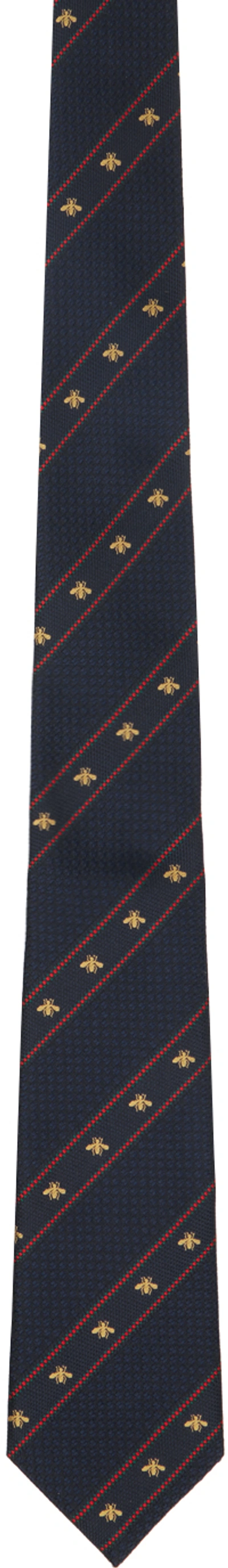 Shop Gucci Navy & Red Silk Bee Web Tie In 4074 Mid.nightbl/red