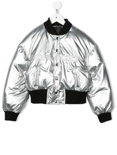 Shop Givenchy Kids Silver Metallic Bomber Jacket With Logo In Grigio Chiaro