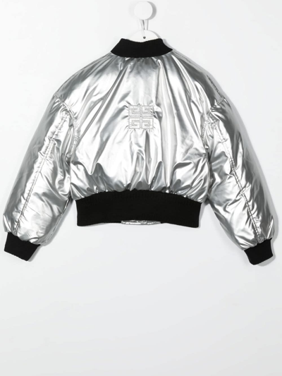 Shop Givenchy Kids Silver Metallic Bomber Jacket With Logo In Grigio Chiaro