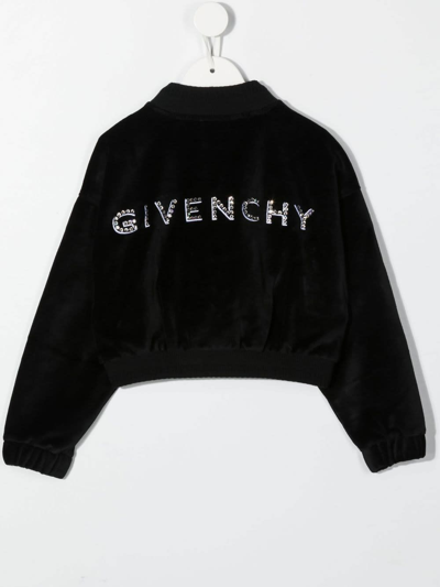 Shop Givenchy Black Velvet Kids Bomber Jacket With  Signature In Nero