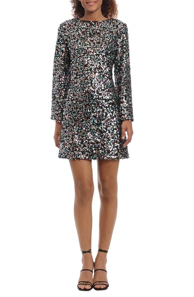 Shop Donna Morgan Sequined Long Sleeve Dress In Teal/ Pink