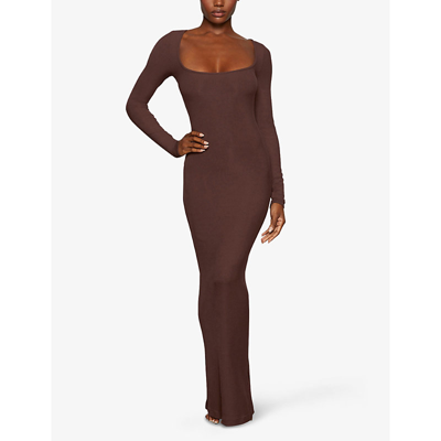 Shop Skims Soft Lounge Long-sleeve Stretch-jersey Nightdress In Cocoa