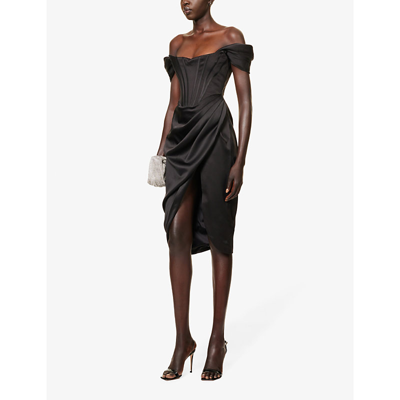 House Of Cb Loretta Off-shoulder Satin Midi Dress In Black