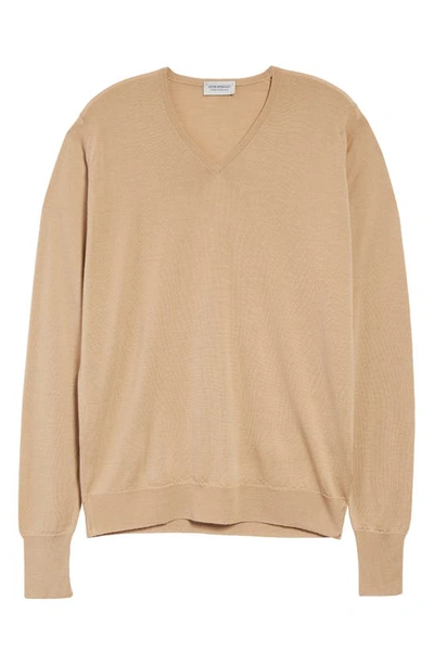 Shop John Smedley Bobby V-neck Merino Wool Sweater In Light Camel