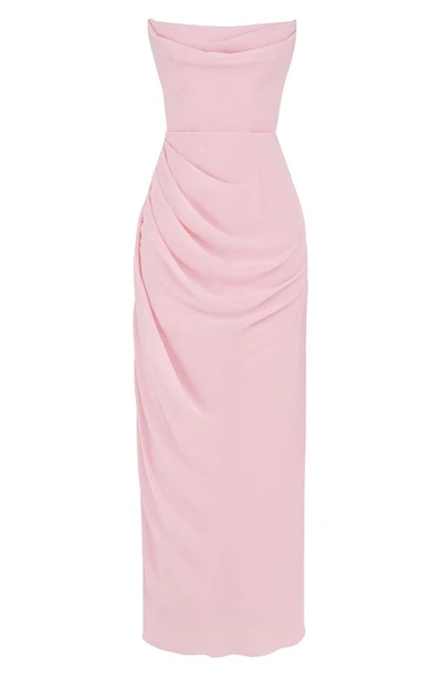 House Of Cb Adrienne Gathered Strapless Gown In Pink Quartz