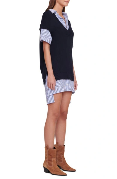 Shop Staud Bridget Mixed Media Dress In Navy/ Blue White Stripe