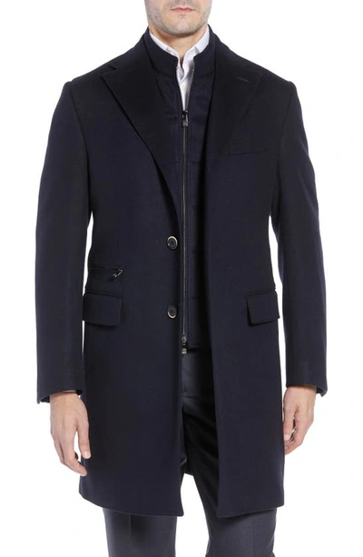 Shop Corneliani Solid Wool Topcoat With Bib Inset In Navy