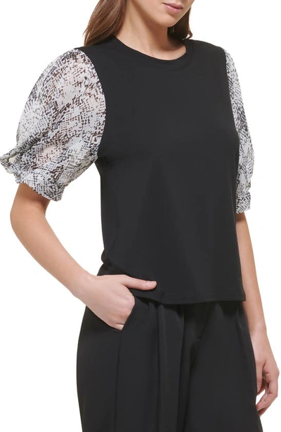 Shop Dkny Mixed Media Puff Sleeve Top In Black/ Ivory Multi
