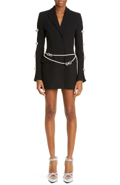 Shop Mach & Mach Embellished Bow Detail Long Sleeve Wool Blazer Dress In Black