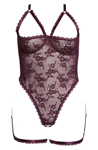 Shop Oh La La Cheri Elayne Lace Open Cup Underwire Teddy With Garter Straps In Potent Purple