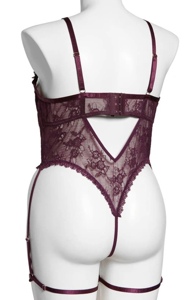 Shop Oh La La Cheri Elayne Lace Open Cup Underwire Teddy With Garter Straps In Potent Purple