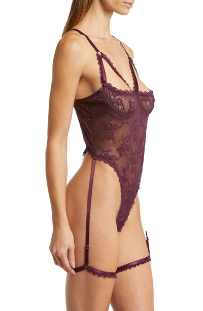 Shop Oh La La Cheri Elayne Lace Open Cup Underwire Teddy With Garter Straps In Potent Purple