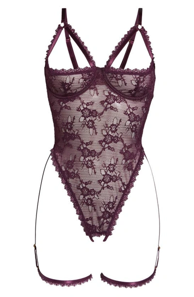 Shop Oh La La Cheri Elayne Lace Open Cup Underwire Teddy With Garter Straps In Potent Purple