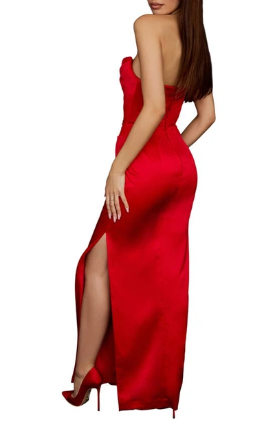 House Of Cb Adrienne Gathered Satin Strapless Gown In Scarlet