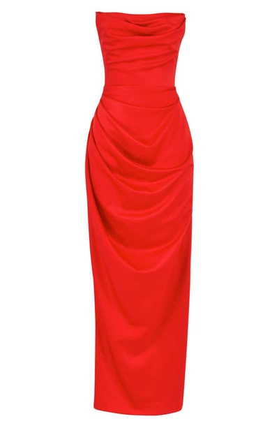 House Of Cb Adrienne Gathered Satin Strapless Gown In Scarlet