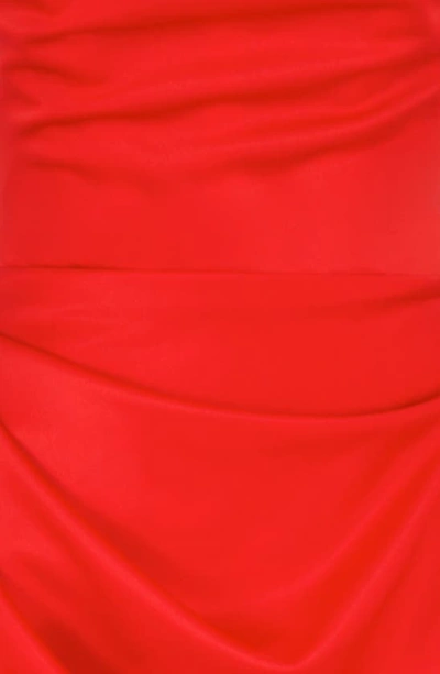 House Of Cb Adrienne Gathered Satin Strapless Gown In Scarlet